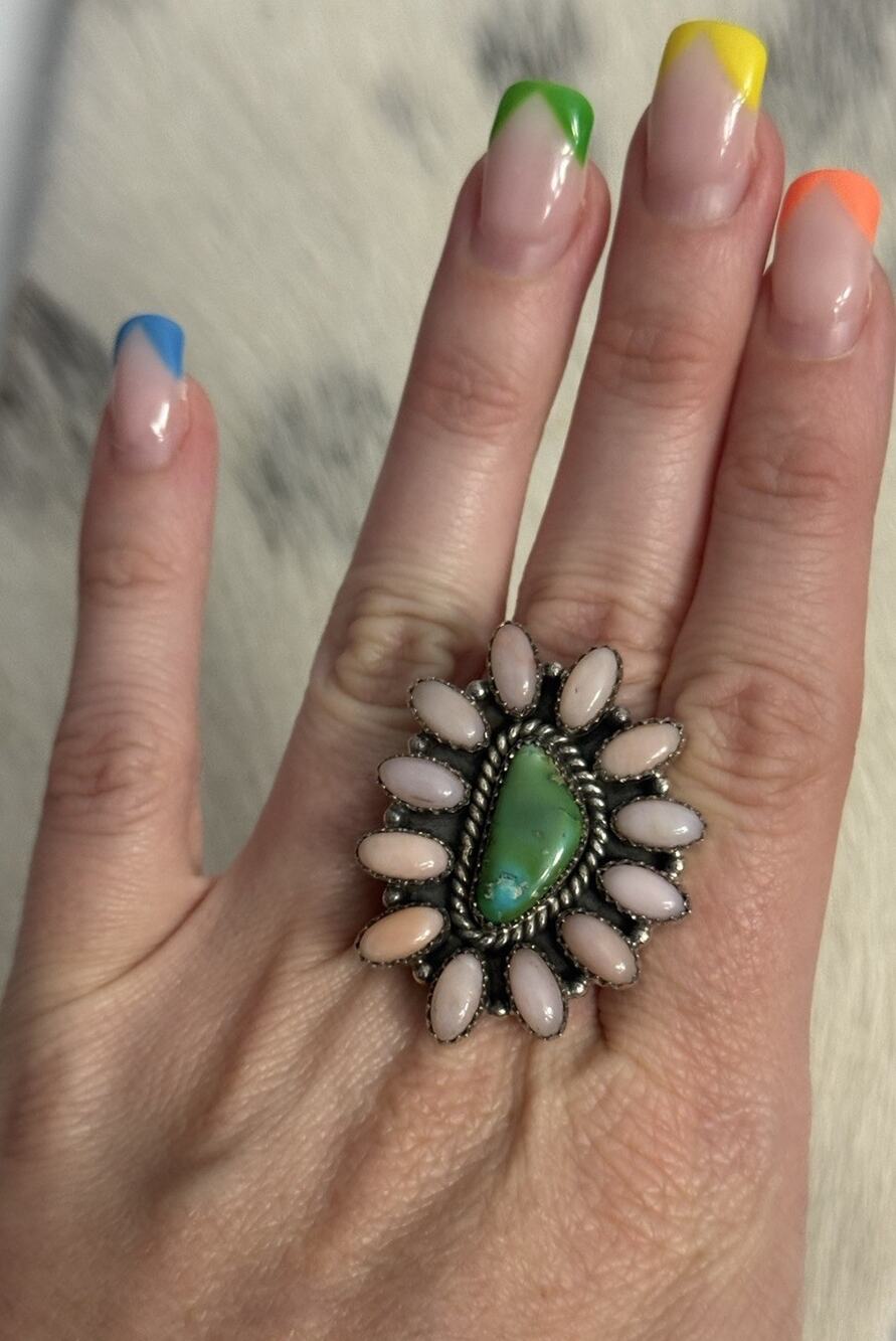 Huge Sterling Silver Green Sonoran Gold Turquoise Pink Opal Cluster Ring 925